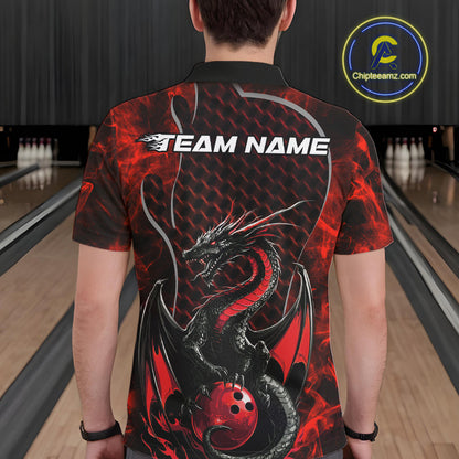 Custom Black And Red Fire Flame Dragon Bowling Polo Shirt For Men, Dragon Bowling Jersey IPHW9864