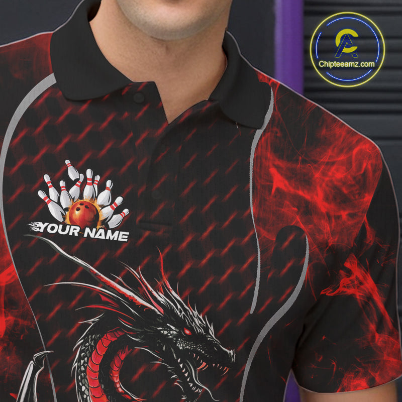 Custom Black And Red Fire Flame Dragon Bowling Polo Shirt For Men, Dragon Bowling Jersey IPHW9864