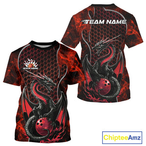 Custom Black And Red Fire Flame Dragon Bowling T-Shirts For Men, Dragon Bowling Jersey IPHW9864