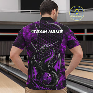 Custom Black And Purple Fire Flame Dragon Bowling Men Quarter-Zip Shirt, Dragon Bowling Jersey IPHW9865
