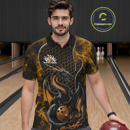 Custom Black And Gold Fire Flame Dragon Bowling Men Polo Shirt, Dragon Bowling Jersey IPHW9866