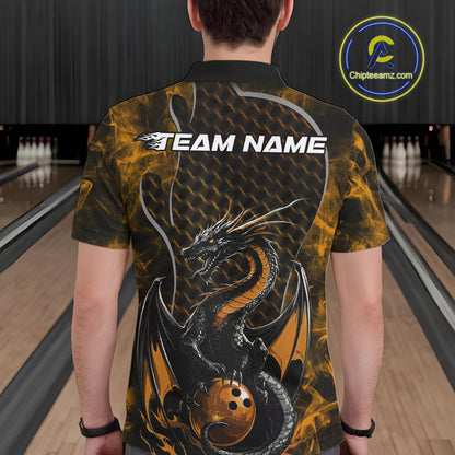 Custom Black And Gold Fire Flame Dragon Bowling Men Polo Shirt, Dragon Bowling Jersey IPHW9866