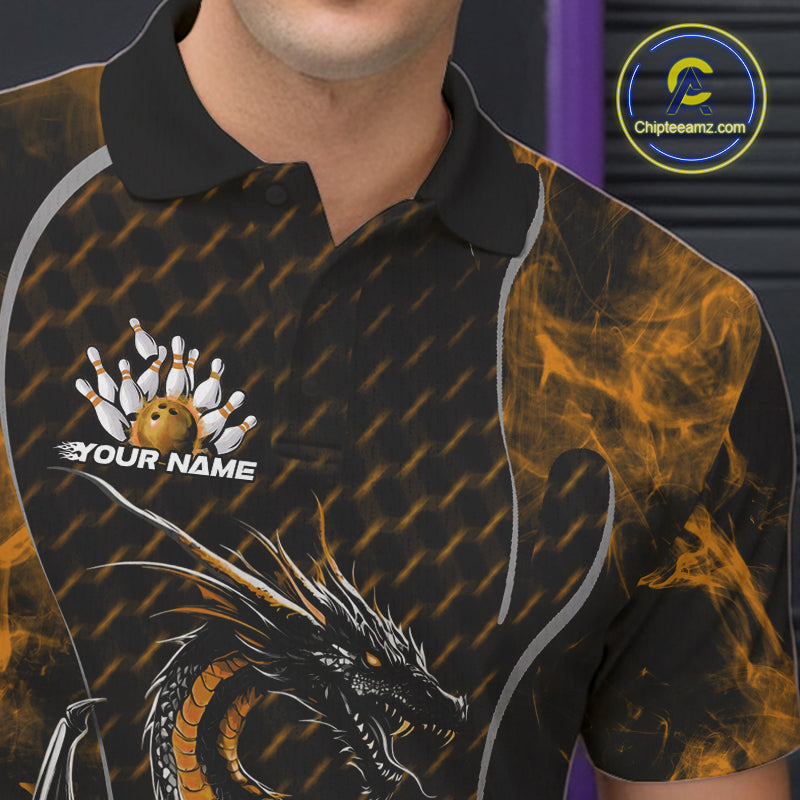 Custom Black And Gold Fire Flame Dragon Bowling Men Polo Shirt, Dragon Bowling Jersey IPHW9866