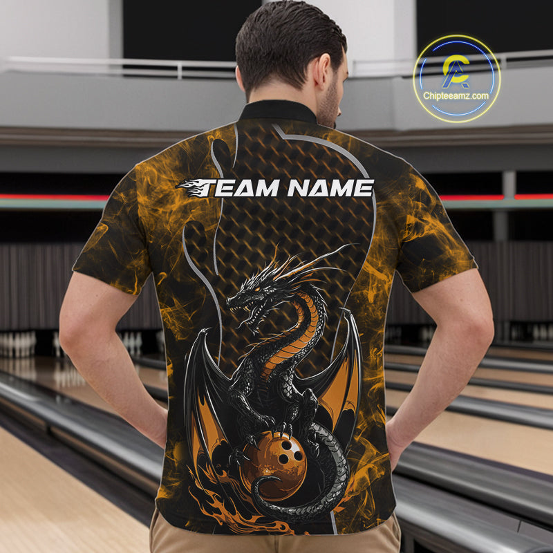 Custom Black And Gold Fire Flame Dragon Bowling Men Quarter-Zip Shirt, Dragon Bowling Jersey IPHW9866