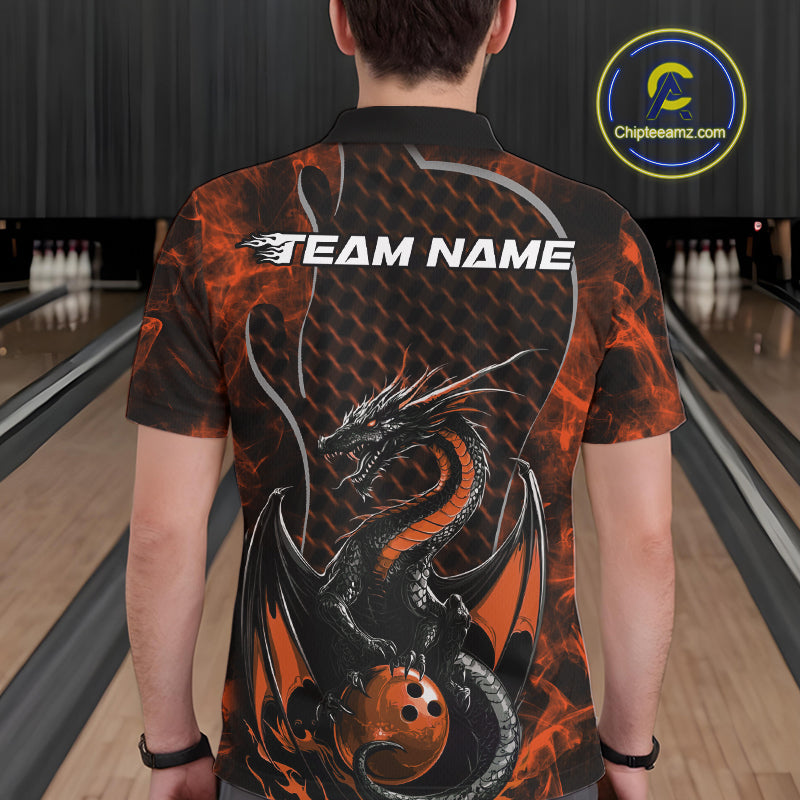 Custom Black And Orange Fire Flame Dragon Bowling Men Polo Shirt, Dragon Bowling Jersey IPHW9867