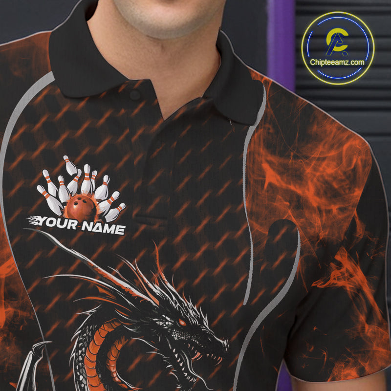 Custom Black And Orange Fire Flame Dragon Bowling Men Polo Shirt, Dragon Bowling Jersey IPHW9867