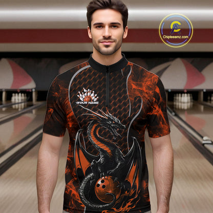 Custom Black And Orange Fire Flame Dragon Bowling Men Quarter-Zip Shirt, Dragon Bowling Jersey IPHW9867