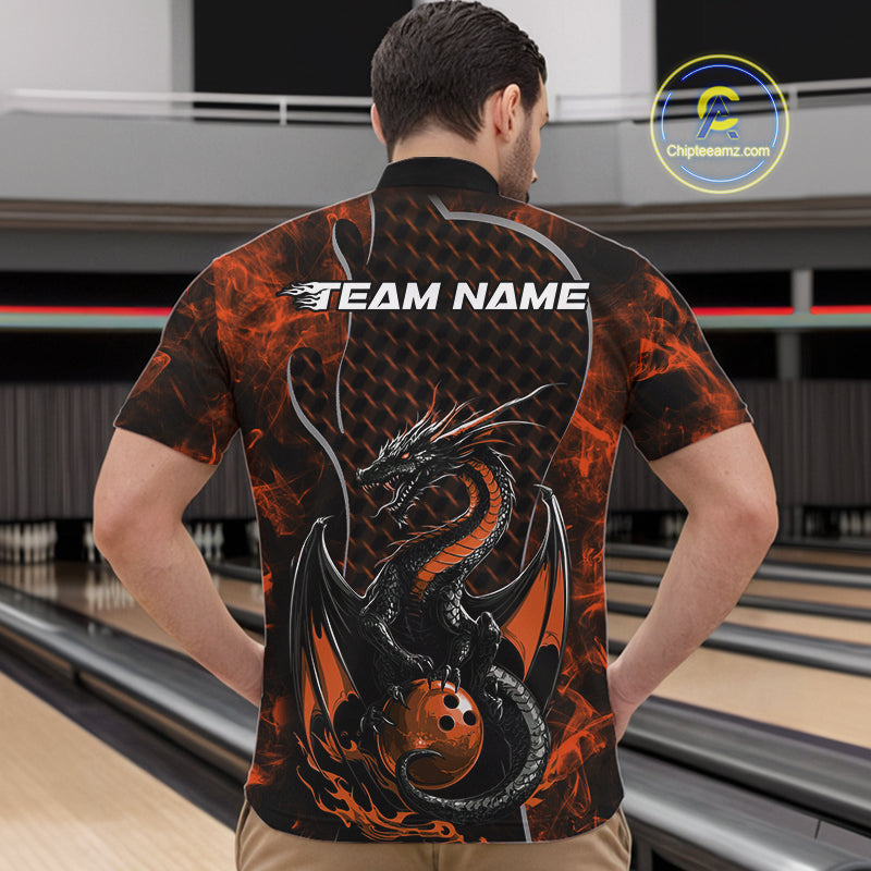 Custom Black And Orange Fire Flame Dragon Bowling Men Quarter-Zip Shirt, Dragon Bowling Jersey IPHW9867