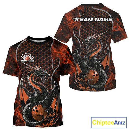 Custom Black And Orange Fire Flame Dragon Bowling Men T-Shirts Shirt, Dragon Bowling Jersey IPHW9867