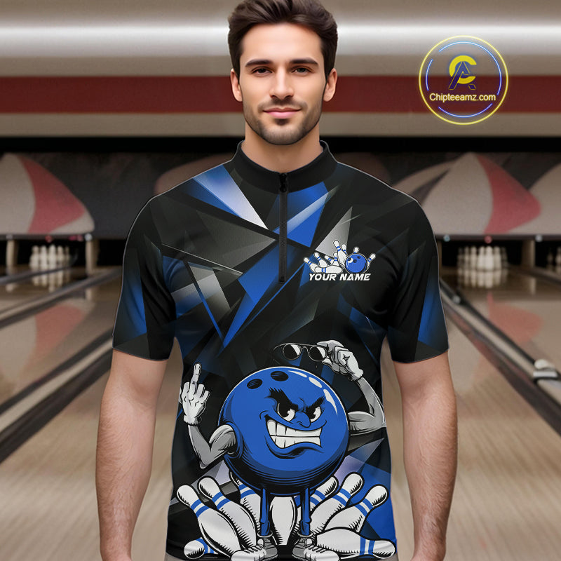 Black And Blue Custom Funny Bowling Team Quarter-Zip Shirts For Men, Bowling Jerseys IPHW9357