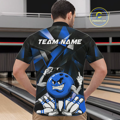 Black And Blue Custom Funny Bowling Team Quarter-Zip Shirts For Men, Bowling Jerseys IPHW9357