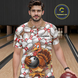 Custom Funny Thanksgiving Turkey Bowling Polo Shirts For Men, Thanksgiving Bowlers Outfit IPHW9719