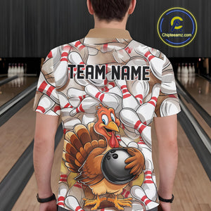 Custom Funny Thanksgiving Turkey Bowling Polo Shirts For Men, Thanksgiving Bowlers Outfit IPHW9719