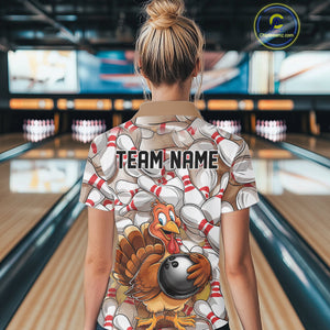 Custom Funny Thanksgiving Turkey Bowling Women Polo Shirts, Thanksgiving Bowlers Outfit IPHW9719