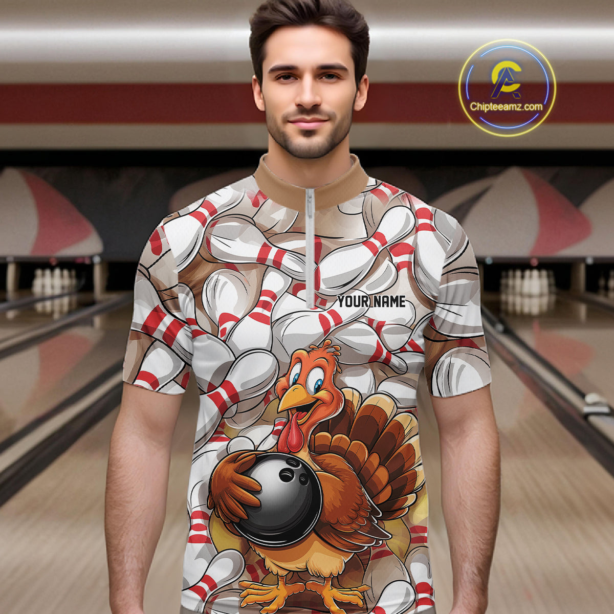 Custom Funny Thanksgiving Turkey Bowling Quarter-Zip Shirts For Men, Thanksgiving Bowlers Outfit IPHW9719