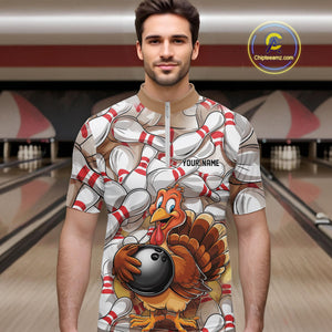 Custom Funny Thanksgiving Turkey Bowling Quarter-Zip Shirts For Men, Thanksgiving Bowlers Outfit IPHW9719