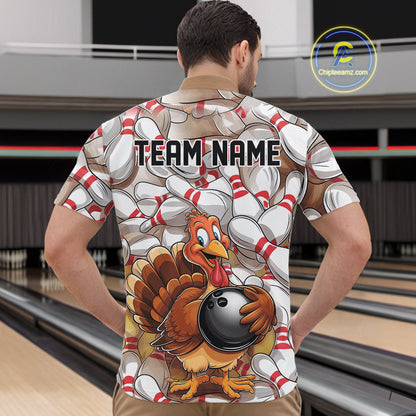 Custom Funny Thanksgiving Turkey Bowling Quarter-Zip Shirts For Men, Thanksgiving Bowlers Outfit IPHW9719