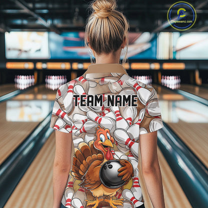 Custom Funny Thanksgiving Turkey Bowling Women Quarter-Zip Shirts, Thanksgiving Outfit IPHW9719