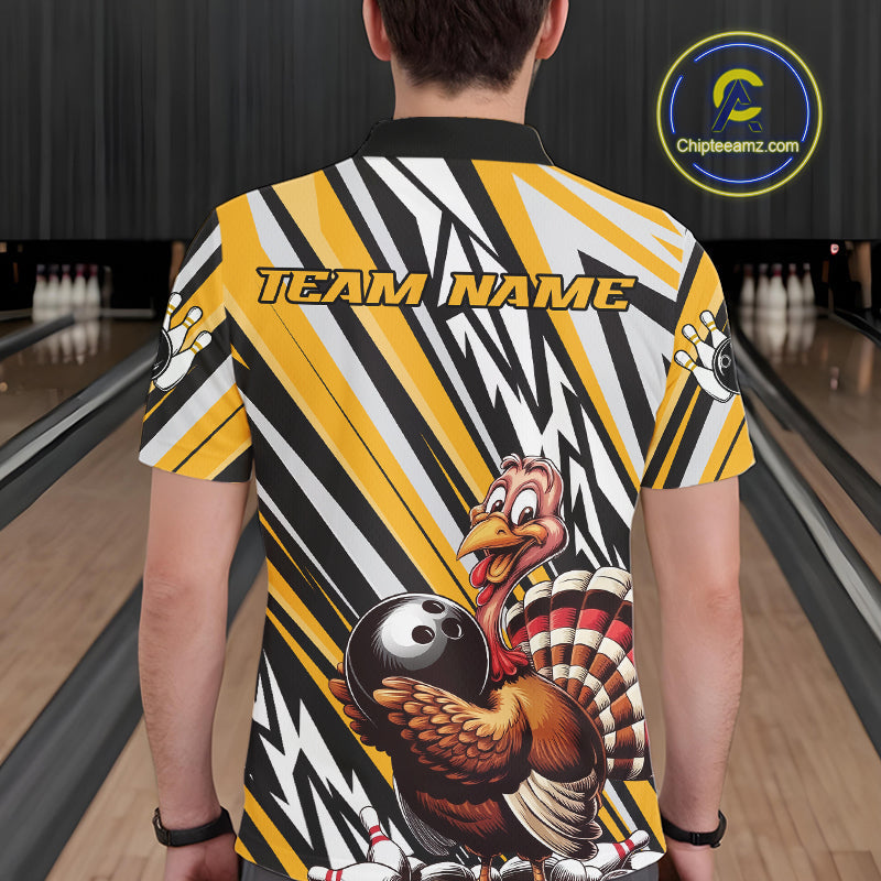Custom Yellow Funny Thanksgiving Turkey Bowling Team Men Polo Shirts, Bowling Jerseys IPHW9720