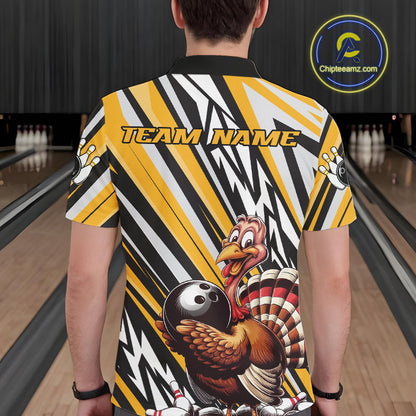 Custom Yellow Funny Thanksgiving Turkey Bowling Team Men Polo Shirts, Bowling Jerseys IPHW9720