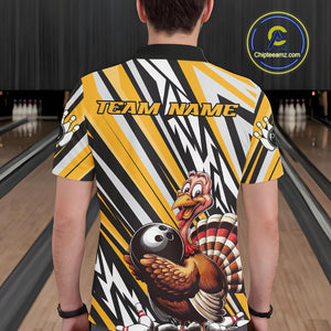 Custom Yellow Funny Thanksgiving Turkey Bowling Team Men Polo Shirts, Bowling Jerseys IPHW9720