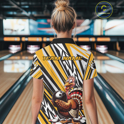 Custom Yellow Funny Thanksgiving Turkey Bowling Team Women Polo Shirts, Bowling Jerseys IPHW9720