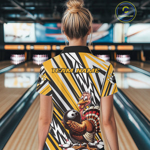 Custom Yellow Funny Thanksgiving Turkey Bowling Team Women Polo Shirts, Bowling Jerseys IPHW9720