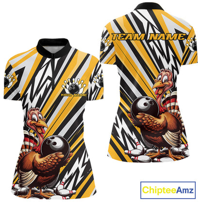 Custom Yellow Funny Thanksgiving Turkey Bowling Women Quarter-Zip Shirts, Bowling Jerseys IPHW9720