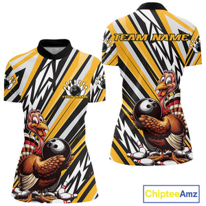 Custom Yellow Funny Thanksgiving Turkey Bowling Women Quarter-Zip Shirts, Bowling Jerseys IPHW9720