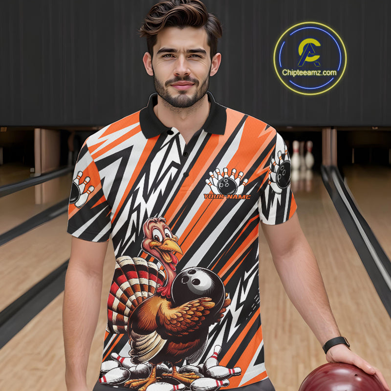 Custom Orange Funny Thanksgiving Turkey Bowling Team Men Polo Shirts, Bowling Jerseys IPHW9721