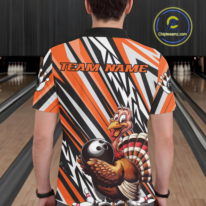 Custom Orange Funny Thanksgiving Turkey Bowling Team Men Polo Shirts, Bowling Jerseys IPHW9721
