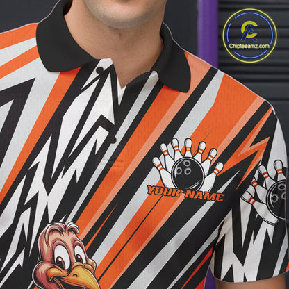 Custom Orange Funny Thanksgiving Turkey Bowling Team Men Polo Shirts, Bowling Jerseys IPHW9721