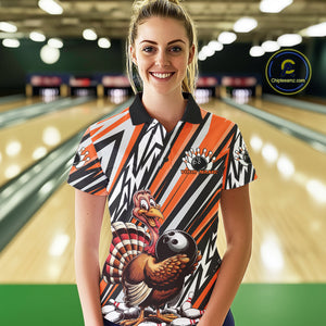 Custom Orange Funny Thanksgiving Turkey Bowling Team Women Polo Shirts, Bowling Jerseys IPHW9721