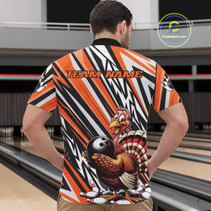 Custom Orange Funny Thanksgiving Turkey Bowling Team Men Quarter-Zip Shirts, Bowling Jerseys IPHW9721