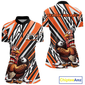 Custom Orange Funny Thanksgiving Turkey Bowling Women Quarter-Zip Shirts, Bowling Jerseys IPHW9721
