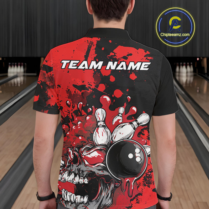 Custom Black And Red Splatter Skull Bowling Team Men Polo Shirt, Halloween Bowler Outfit IPHW9725