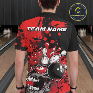 Custom Black And Red Splatter Skull Bowling Team Men Polo Shirt, Halloween Bowler Outfit IPHW9725