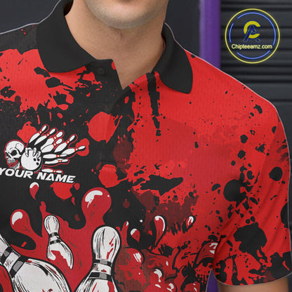 Custom Black And Red Splatter Skull Bowling Team Men Polo Shirt, Halloween Bowler Outfit IPHW9725