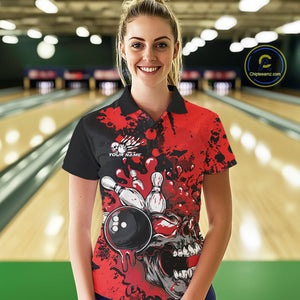 Custom Black And Red Splatter Skull Bowling Women Polo Shirt, Halloween Bowler Outfit IPHW9725
