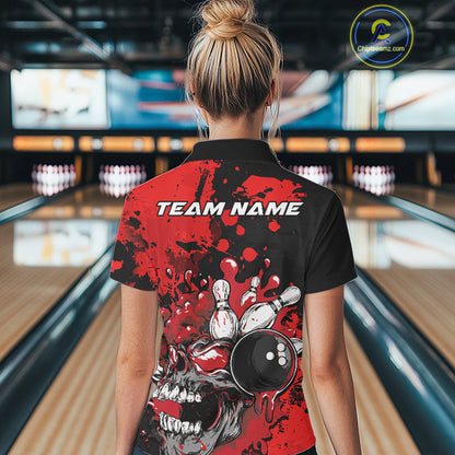 Custom Black And Red Splatter Skull Bowling Women Polo Shirt, Halloween Bowler Outfit IPHW9725