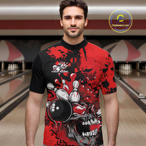 Custom Black And Red Splatter Skull Bowling Team Men Quarter-Zip Shirt, Halloween Bowler Outfit IPHW9725