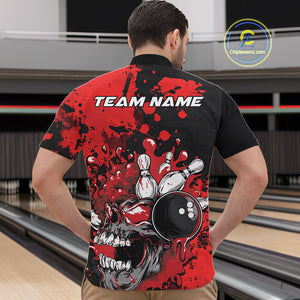 Custom Black And Red Splatter Skull Bowling Team Men Quarter-Zip Shirt, Halloween Bowler Outfit IPHW9725