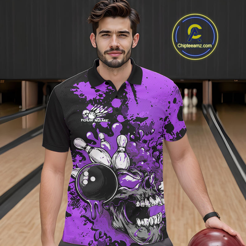 Custom Black And Purple Splatter Skull Bowling Team Men Polo Shirt, Halloween Outfit IPHW9726