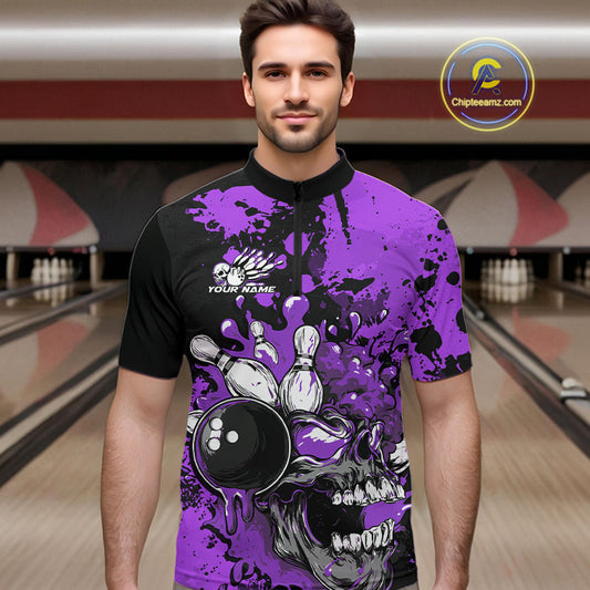 Custom Black And Purple Splatter Skull Bowling Team Men Quarter-Zip Shirt, Halloween Outfit IPHW9726