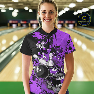 Custom Black And Purple Splatter Skull Bowling Women Quarter-Zip Shirt, Halloween Outfit IPHW9726