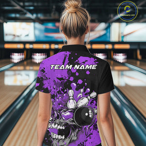 Custom Black And Purple Splatter Skull Bowling Women Quarter-Zip Shirt, Halloween Outfit IPHW9726