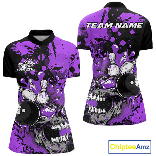 Custom Black And Purple Splatter Skull Bowling Women Quarter-Zip Shirt, Halloween Outfit IPHW9726
