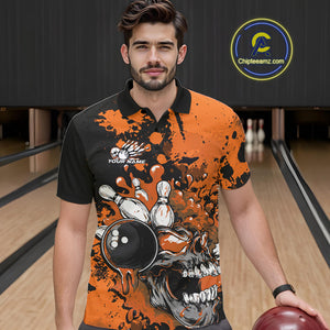 Custom Black And Orange Splatter Skull Bowling Team Men Polo Shirt, Halloween Outfit IPHW9727