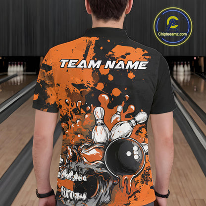 Custom Black And Orange Splatter Skull Bowling Team Men Polo Shirt, Halloween Outfit IPHW9727