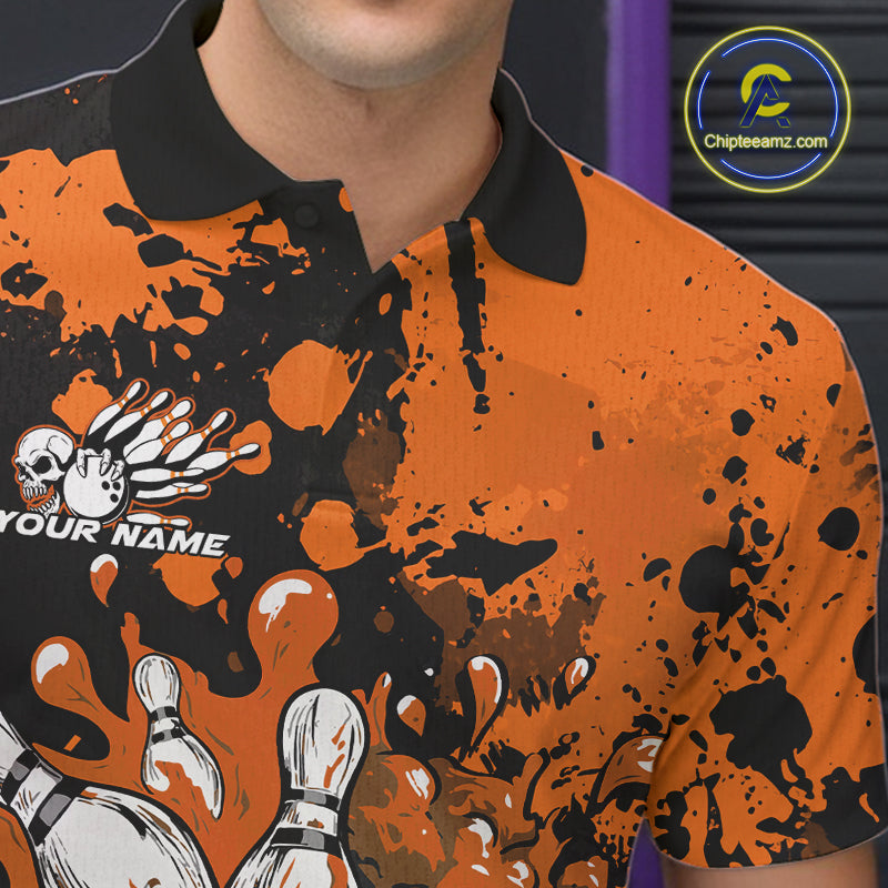 Custom Black And Orange Splatter Skull Bowling Team Men Polo Shirt, Halloween Outfit IPHW9727